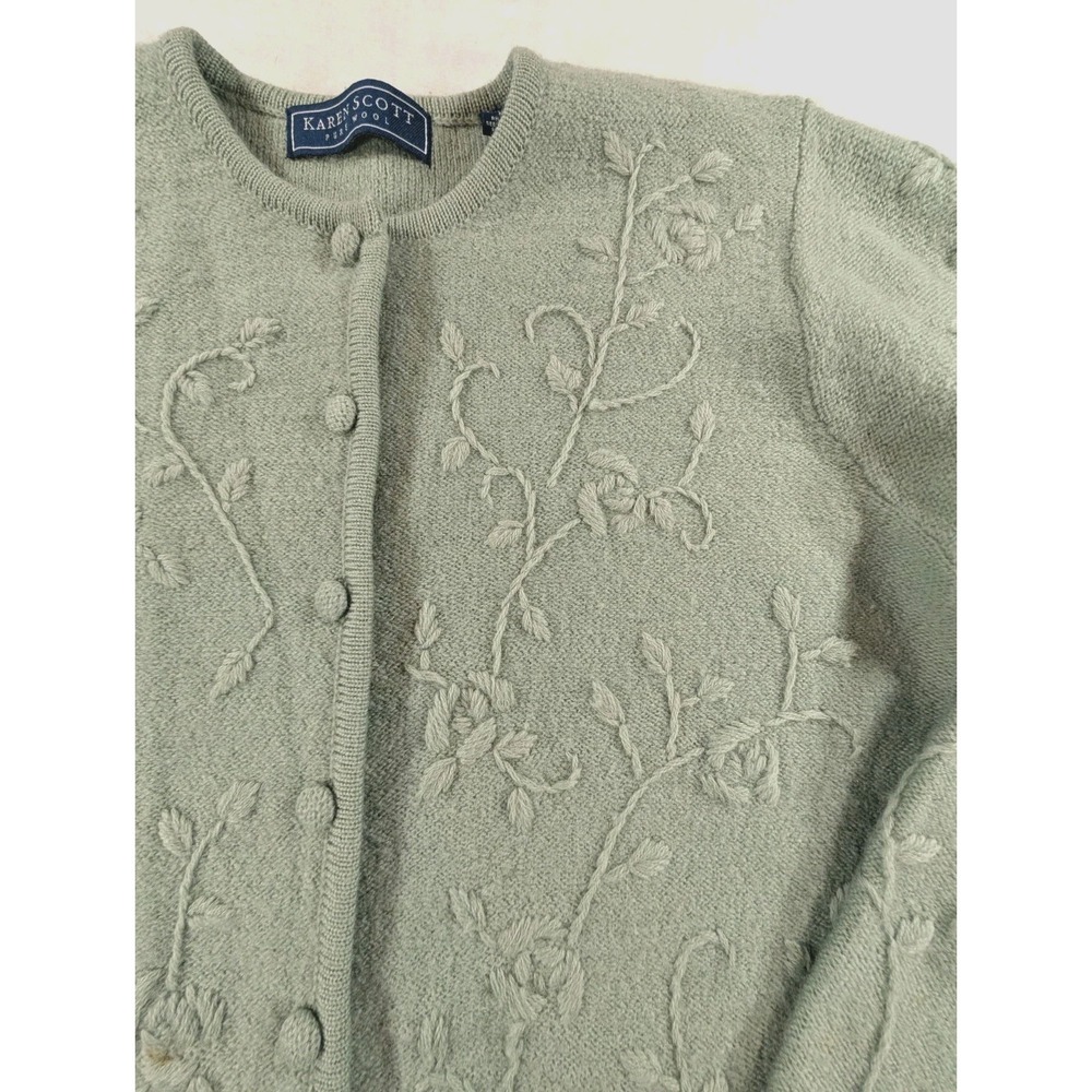 VTG Karen Scott Pure Wool Cardigan Sweater Medium Green Raised Floral Grandma - Picture 4 of 11